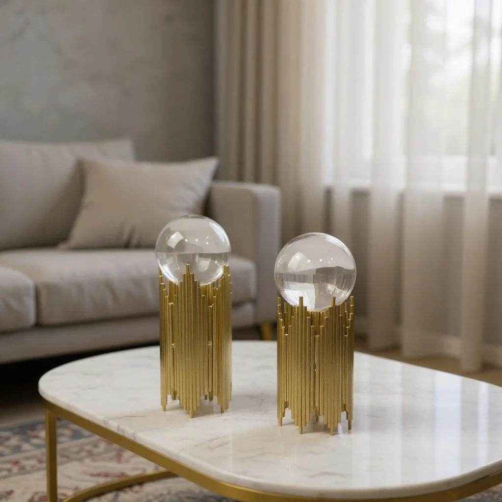 Escultura com Esfera de Vidro e Suporte em Ferro Dourado Alidolado - Alidolado