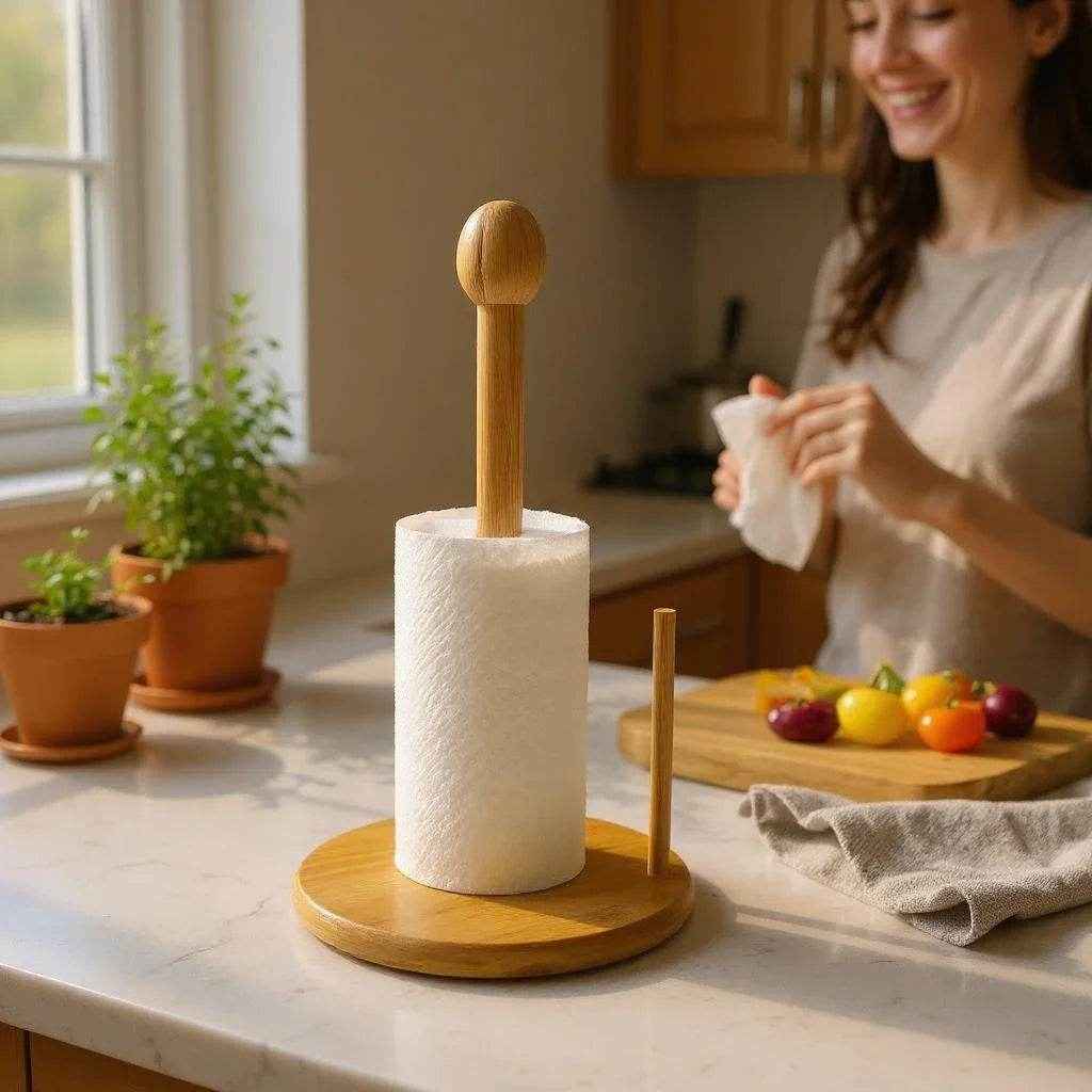 Suporte para Toalha de Papel de Bambu com Vara e Bola – 16 cm, 1 peça - Alidolado