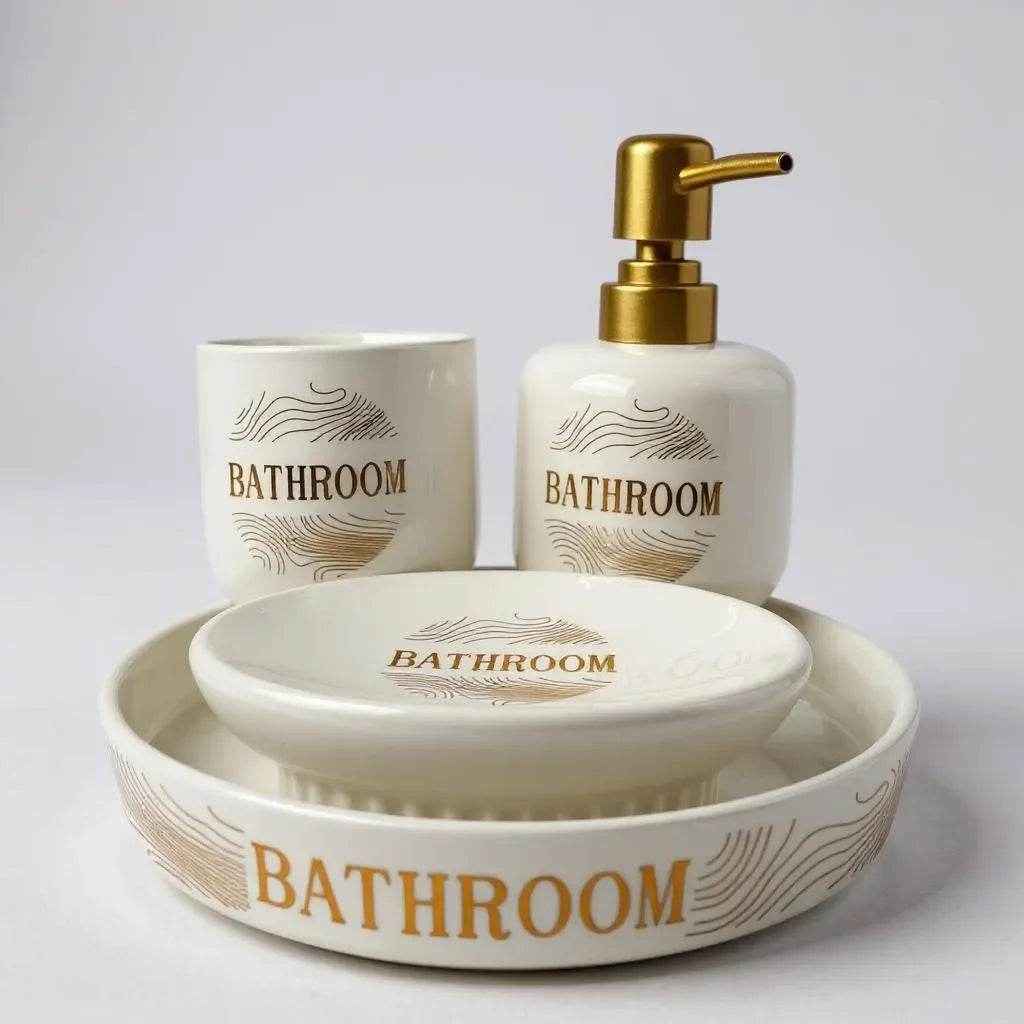 Jogo para Banheiro Cerâmica Branco com Dourado Alidolado - Alidolado