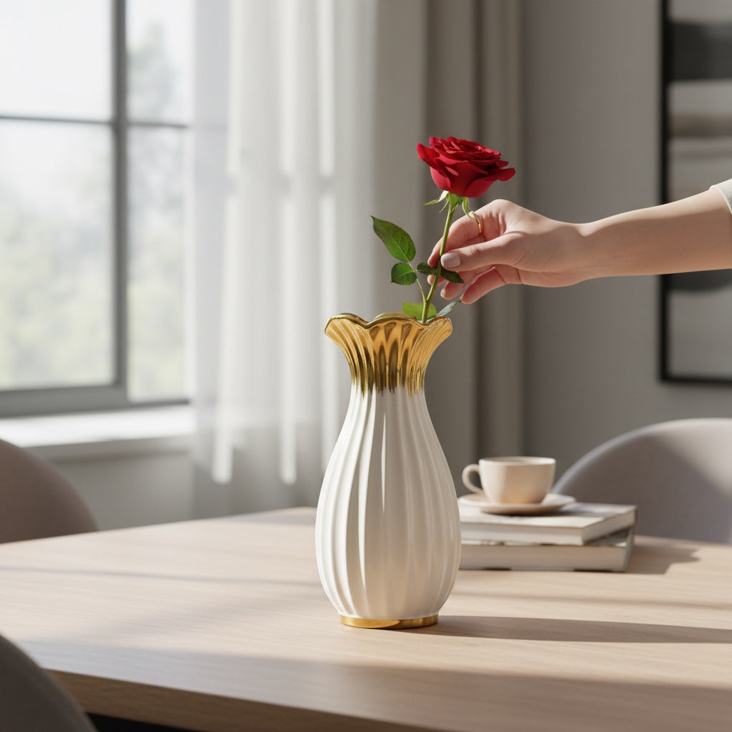 Vaso Decorativo em Cerâmica Branco com Detalhes Dourados