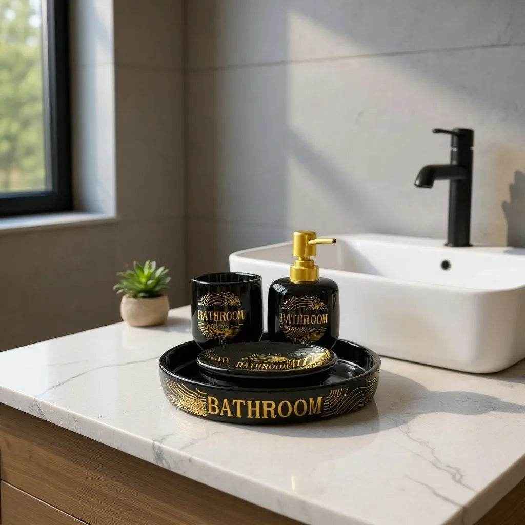 Jogo para Banheiro Cerâmica Branco com Dourado Alidolado - Alidolado