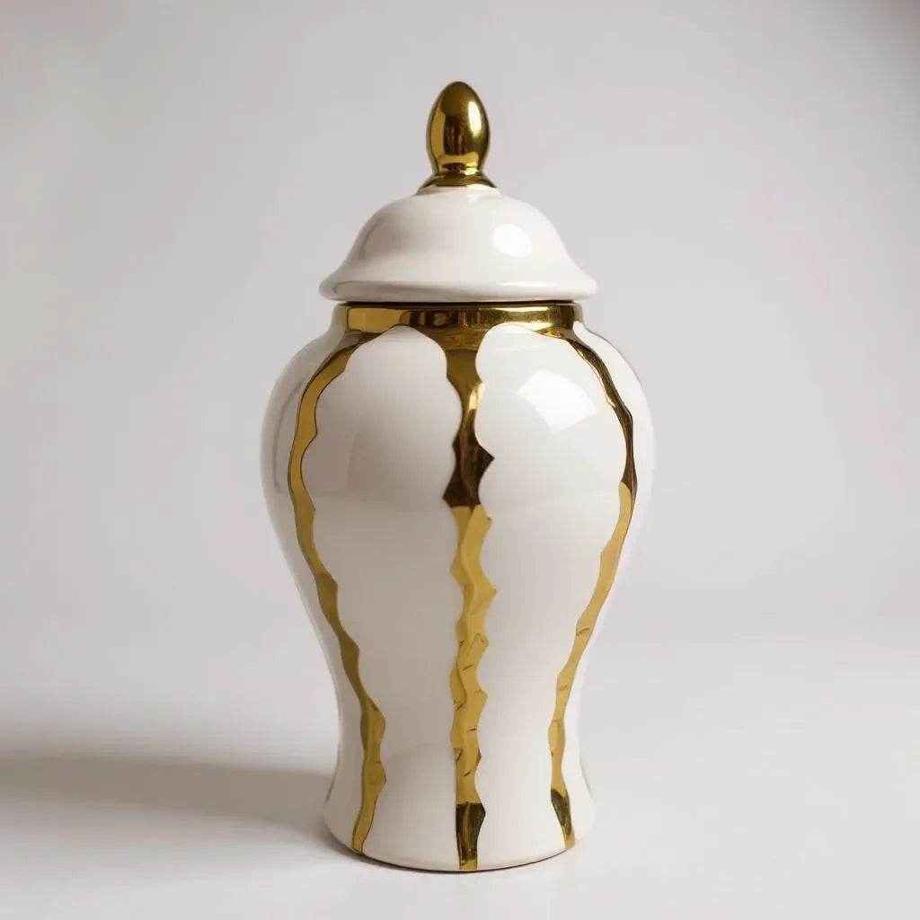 Pote Decorativo com Tampa e Detalhes Dourados Alidolado - Grande