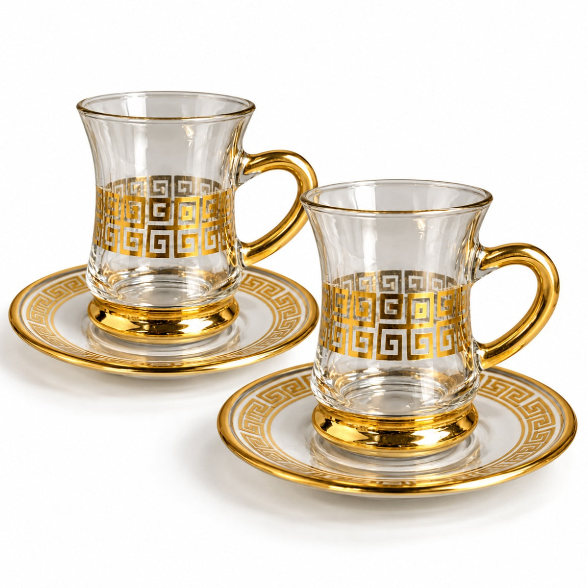 Conjunto de Xícaras Turcas de Vidro com Pires 90ml Borda Dourada Chá e Café Kit 2 a 12 Unidades Modelo Grego