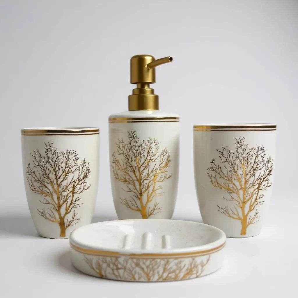 Conjunto de Banheiro Cerâmica Branco com Dourado Alidolado - Alidolado