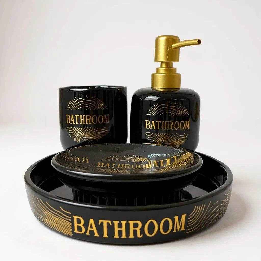 Jogo para Banheiro Cerâmica Branco com Dourado Alidolado - Alidolado