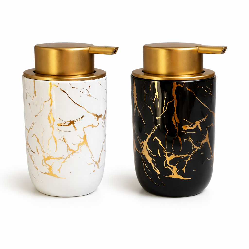 Dispenser de Sabonete Cerâmico Preto/Branco Marmorizado com Tampa Dourada