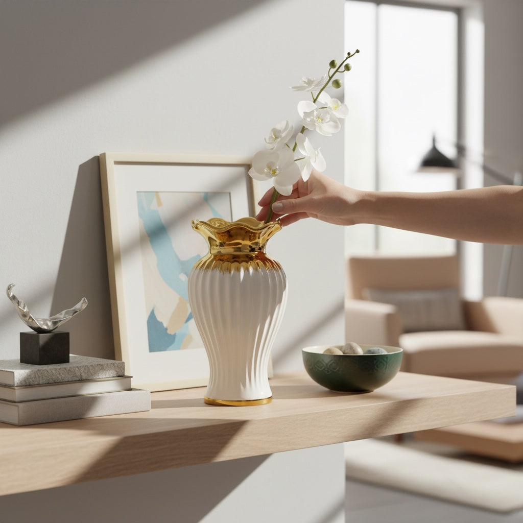 Vaso Decorativo em Cerâmica Branco com Detalhes Dourados