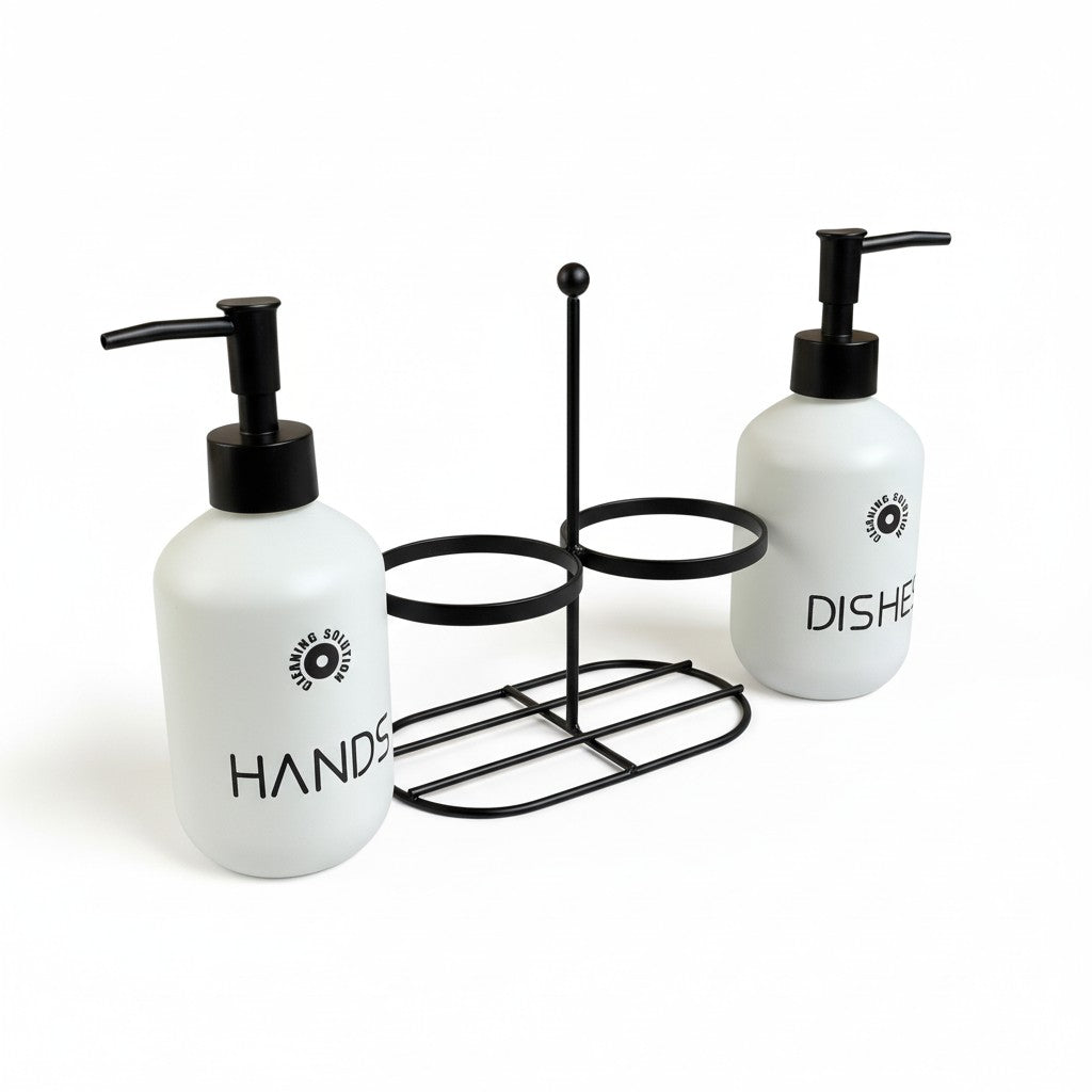 Kit Dispenser de Vidro Branco Fosco com Suporte Preto