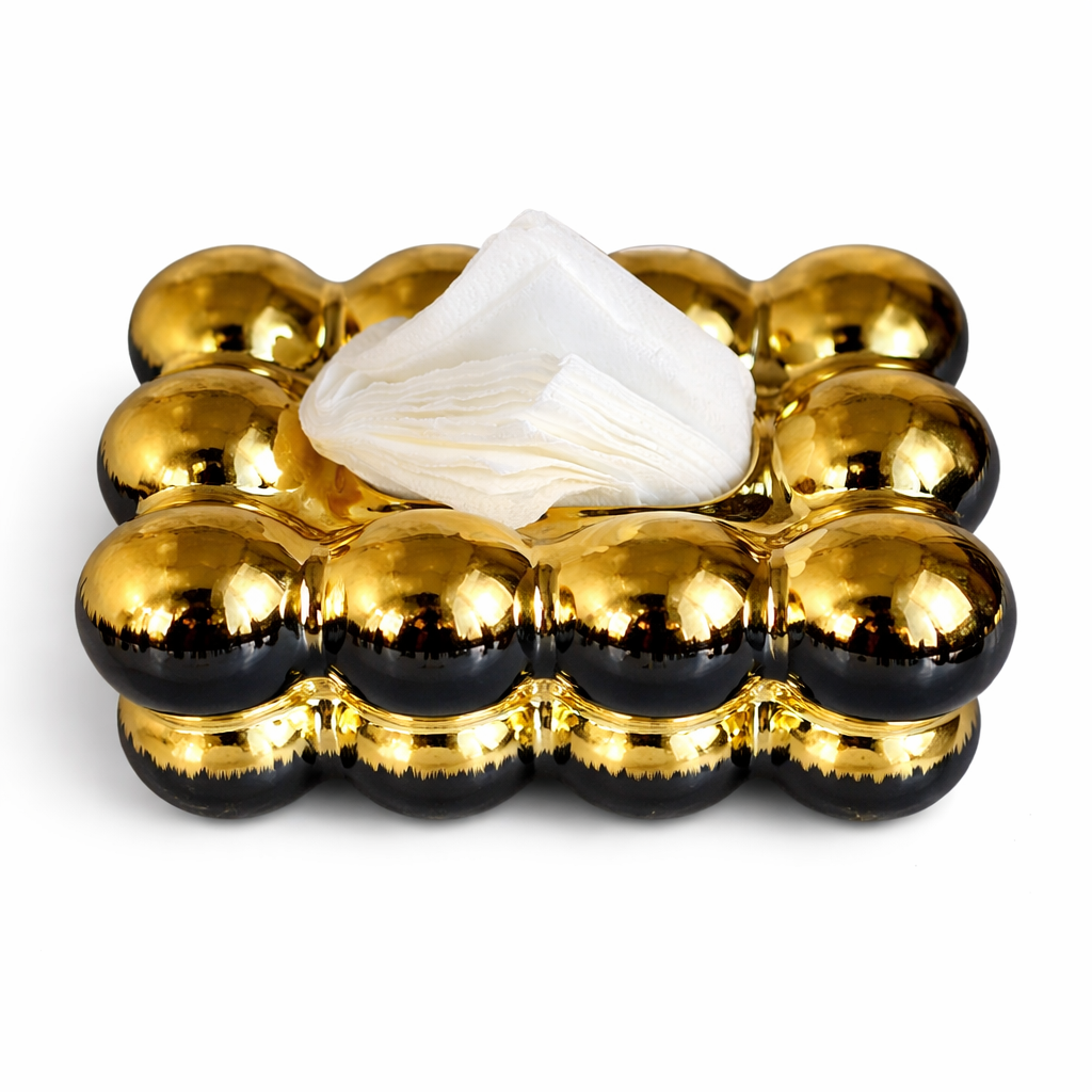 Porta-Guardanapo Oval em Cerâmica Preto com Detalhes Dourados