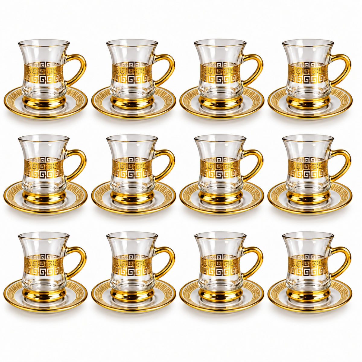 Conjunto de Xícaras Turcas de Vidro com Pires 90ml Borda Dourada Chá e Café Kit 2 a 12 Unidades Modelo Grego