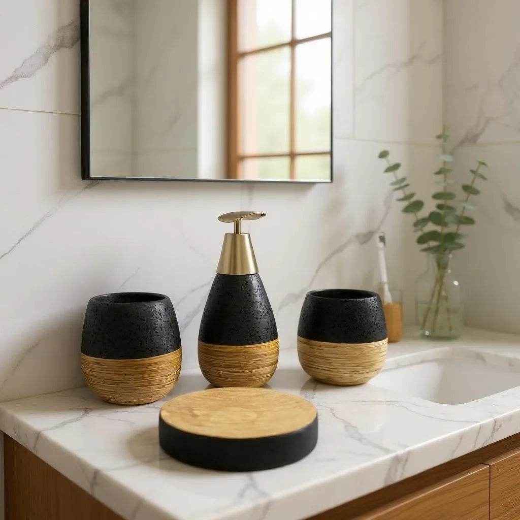 Conjunto de Banheiro Cerâmica Preto com Marrom Alidolado - Alidolado