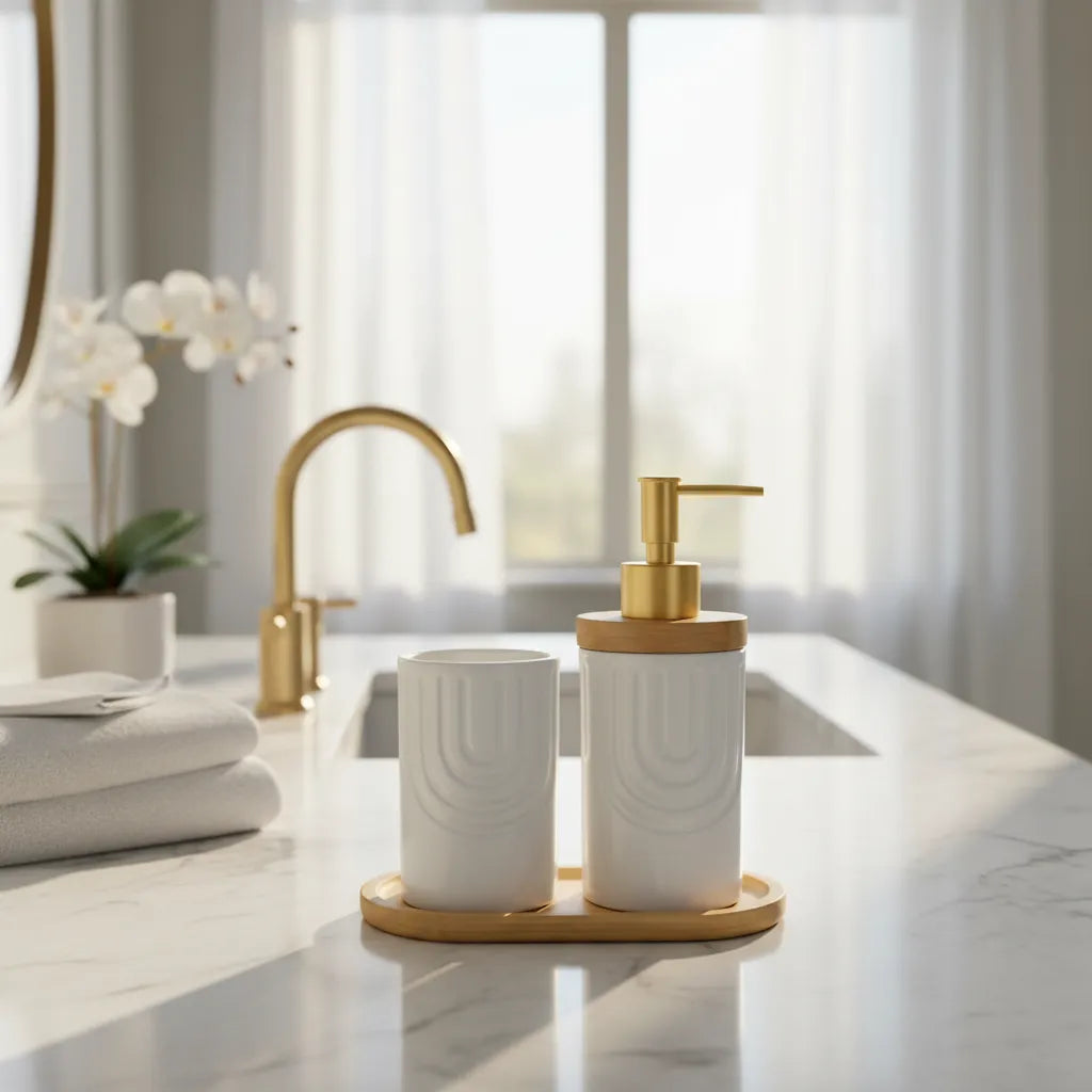 Conjunto de Banheiro Cerâmico Branco com Dourado e Bandeja de Bambu 2 Peças