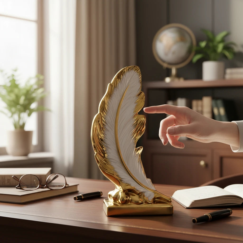 Escultura Pena Cerâmica Dourada