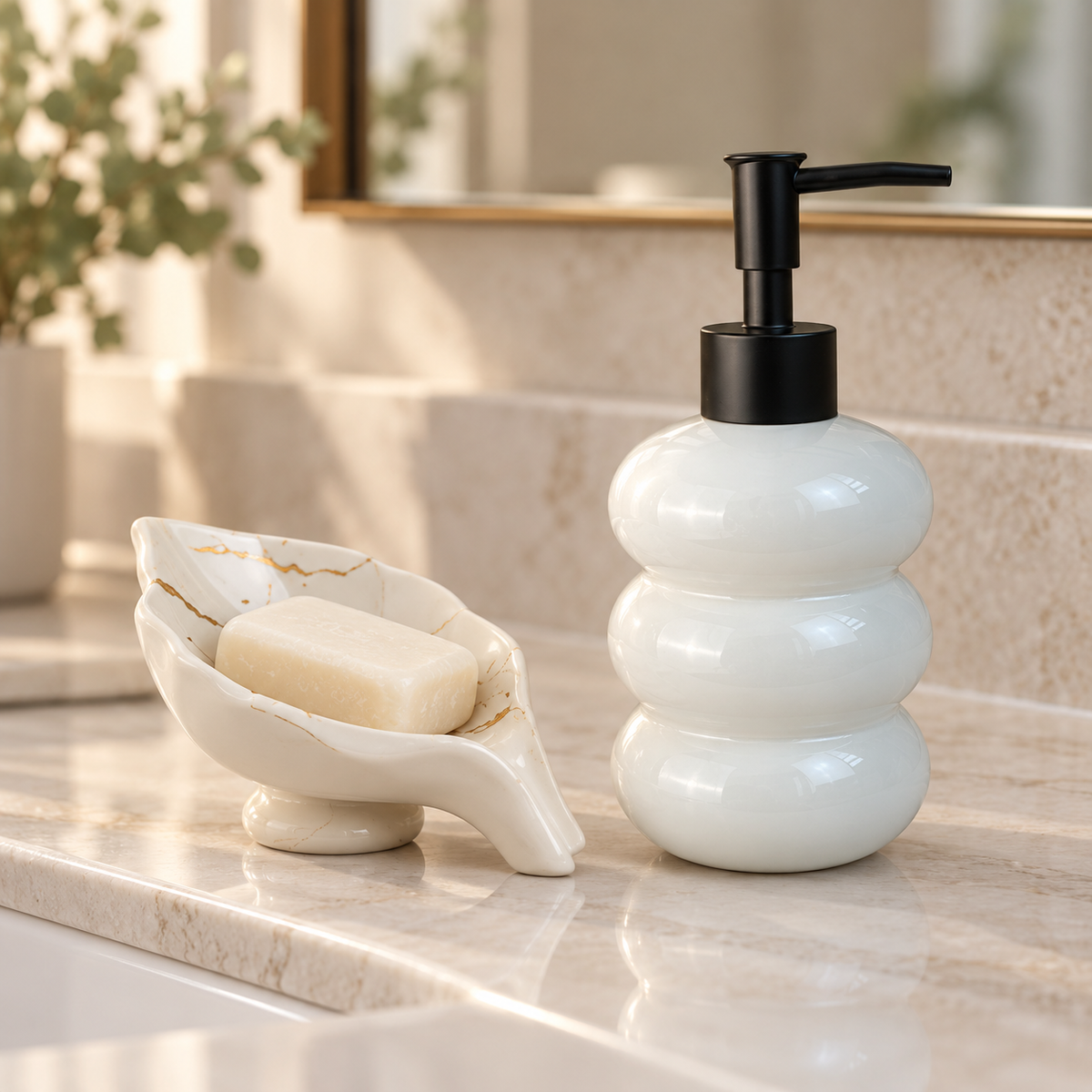 Kit Banheiro Dispenser Vidro Fosco 365ml com Saboneteira Cerâmica Preto ou Branco 2 Peças