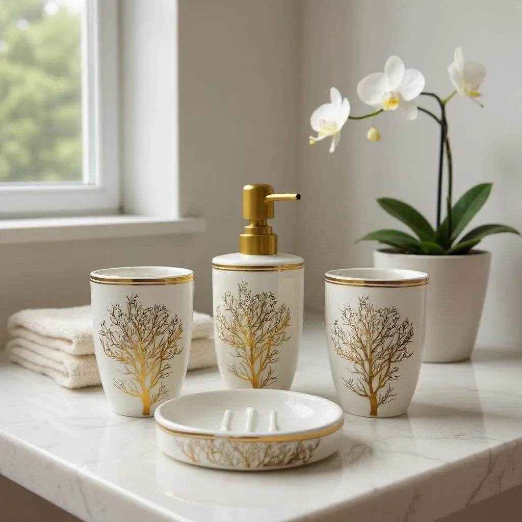 Conjunto de Banheiro Cerâmica Branco com Dourado Alidolado - Alidolado