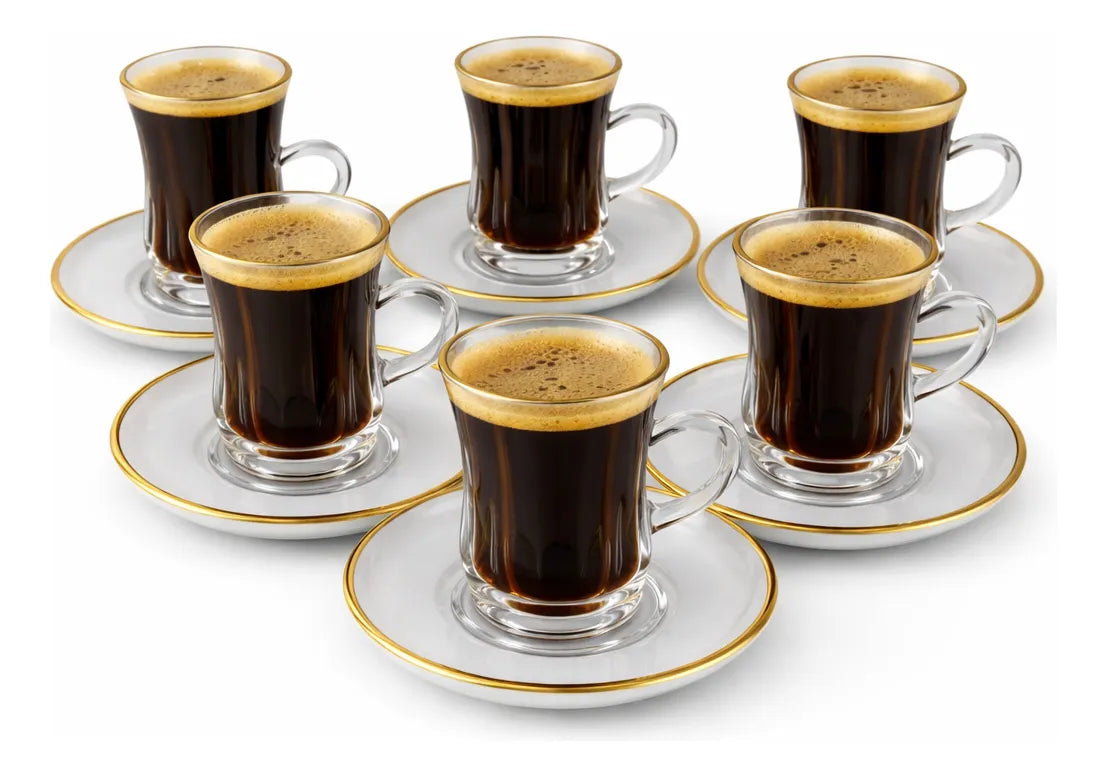 Xícara de Café de Vidro 85ml com Pires e Borda Dourada 12 Peças