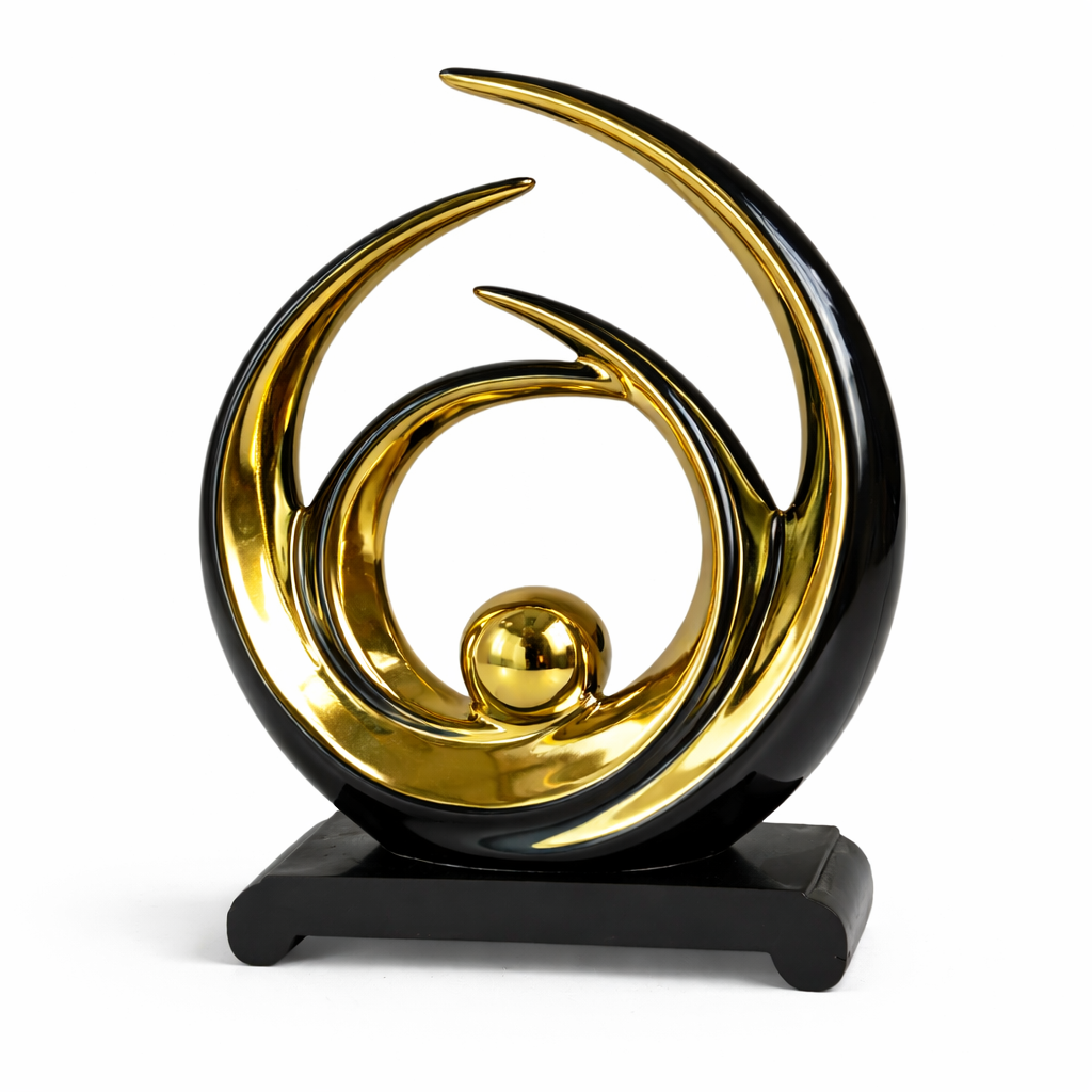 Escultura Abstrata Decorativa Dourada com Base Preta em Cerâmica