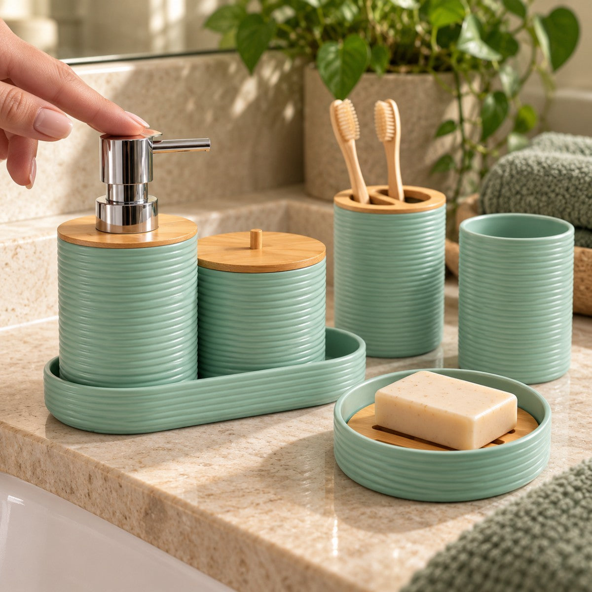 Kit Banheiro Completo com Tapete Antiderrapante 9 Peças Bambu Lixeira Dispenser Bandeja Lavabo