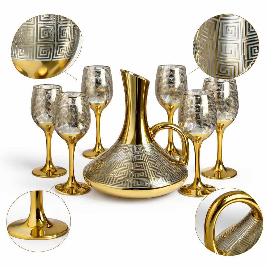 Conjunto de Jarra de Vidro 1,5L com Detalhes Dourados e Taça Decorativa