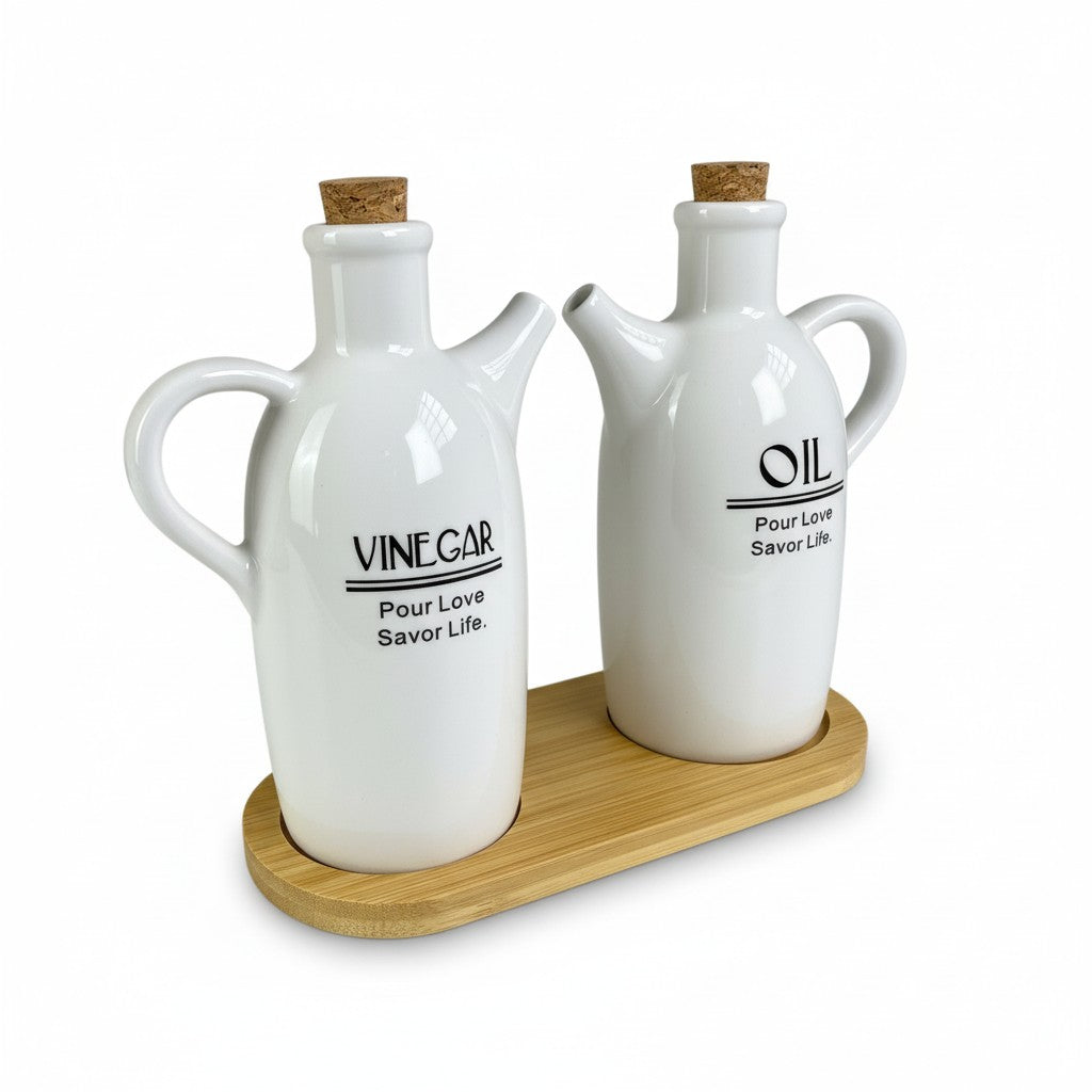 Conjunto para Cozinha de Cerâmica Branco com Tampa Rolha de Cortiça e Base de Bambu
