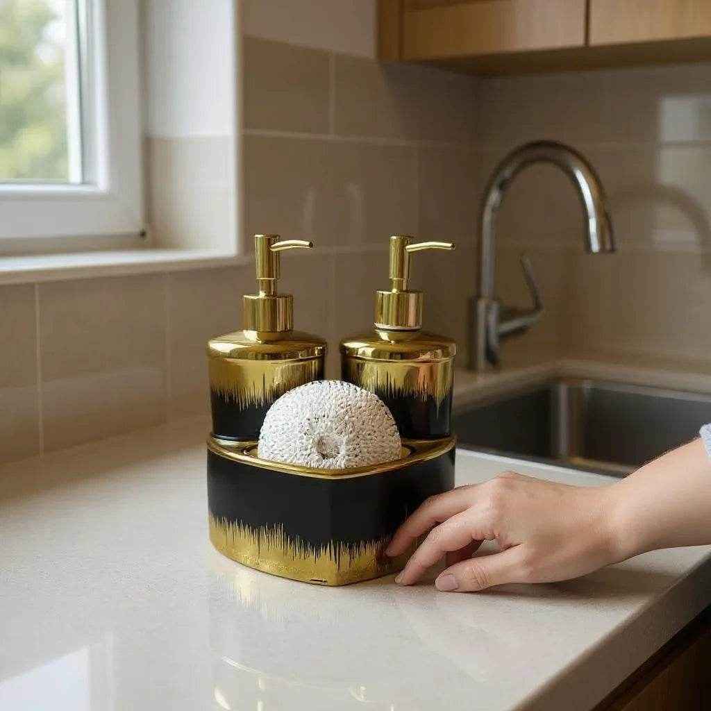 Jogo para Banheiro Cerâmica Branco com Dourado Alidolado - Alidolado