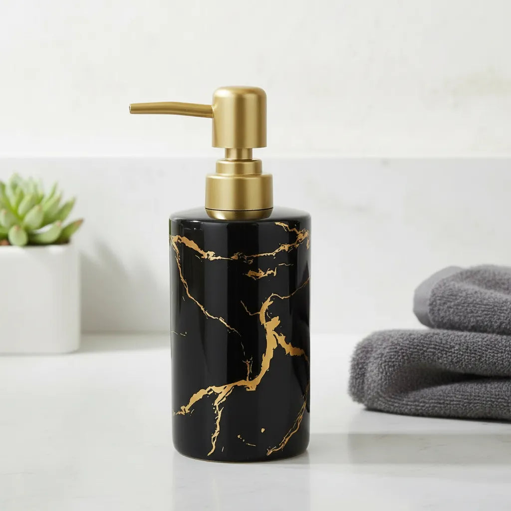 Dispenser de Sabonete Cerâmico Branco Marmorizado com Tampa Dourada