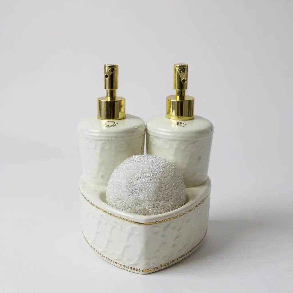 Jogo para Banheiro Cerâmica Branco com Dourado Alidolado - Alidolado