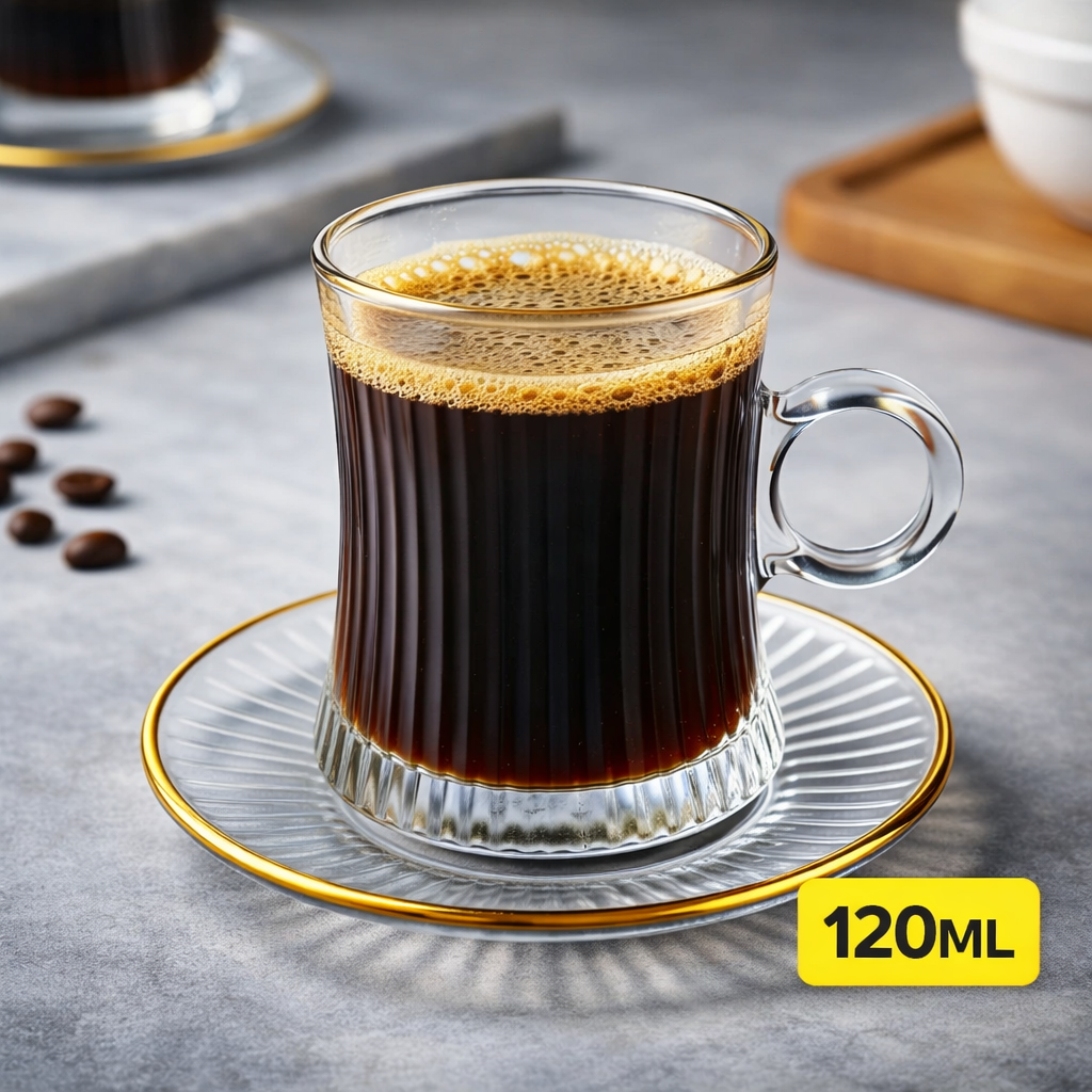 Xícara de Café com Pires Vidro Canelado Dourado 120ml 12 Peças - 8190B-6+6TG gold line
