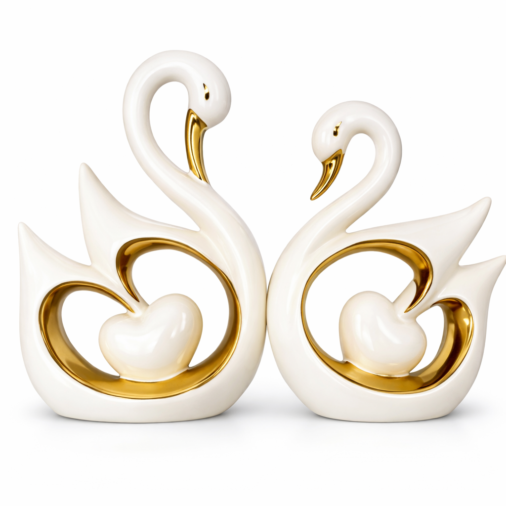 Par de Cisnes Decorativos Brancos com Detalhes Dourados