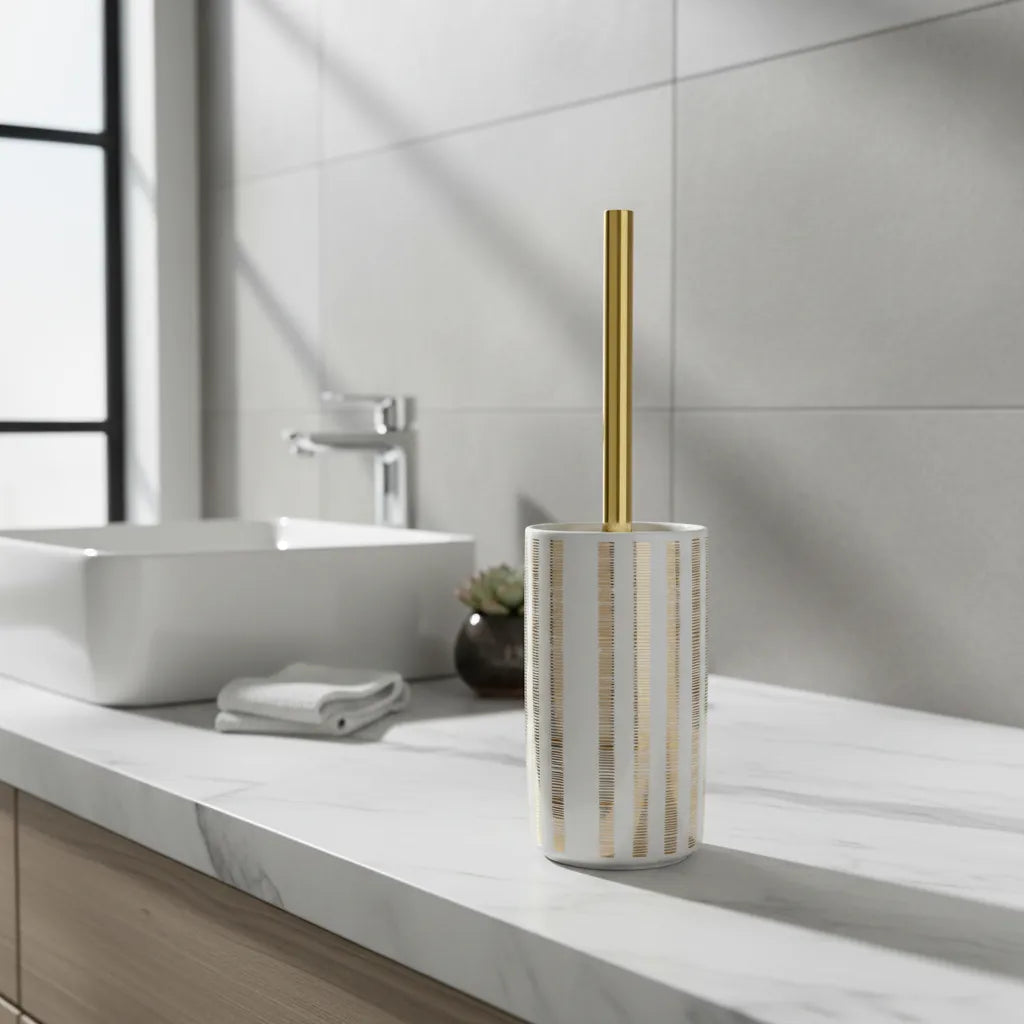 Suporte para Escova Sanitária Cerâmico Branco com Detalhes Dourados
