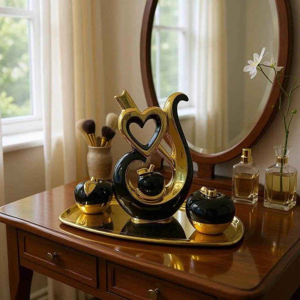 Conjunto Decorativo com Maçãs e Coração Dourado Preto Alidolado - Alidolado