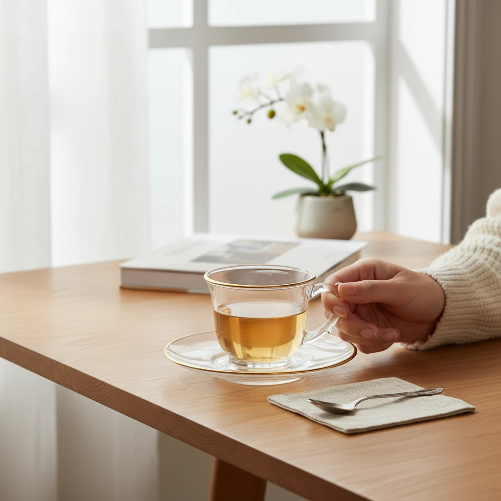 Xícara de Café de Vidro 230ml com Pires e Borda Dourada