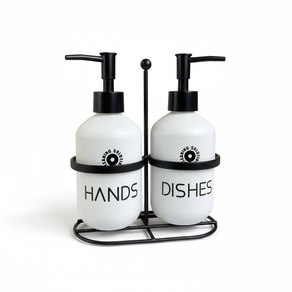 Kit Dispenser de Vidro Branco Fosco com Suporte Preto