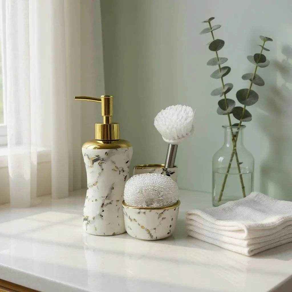 Jogo para Banheiro Cerâmica Branco com Dourado Alidolado - Alidolado