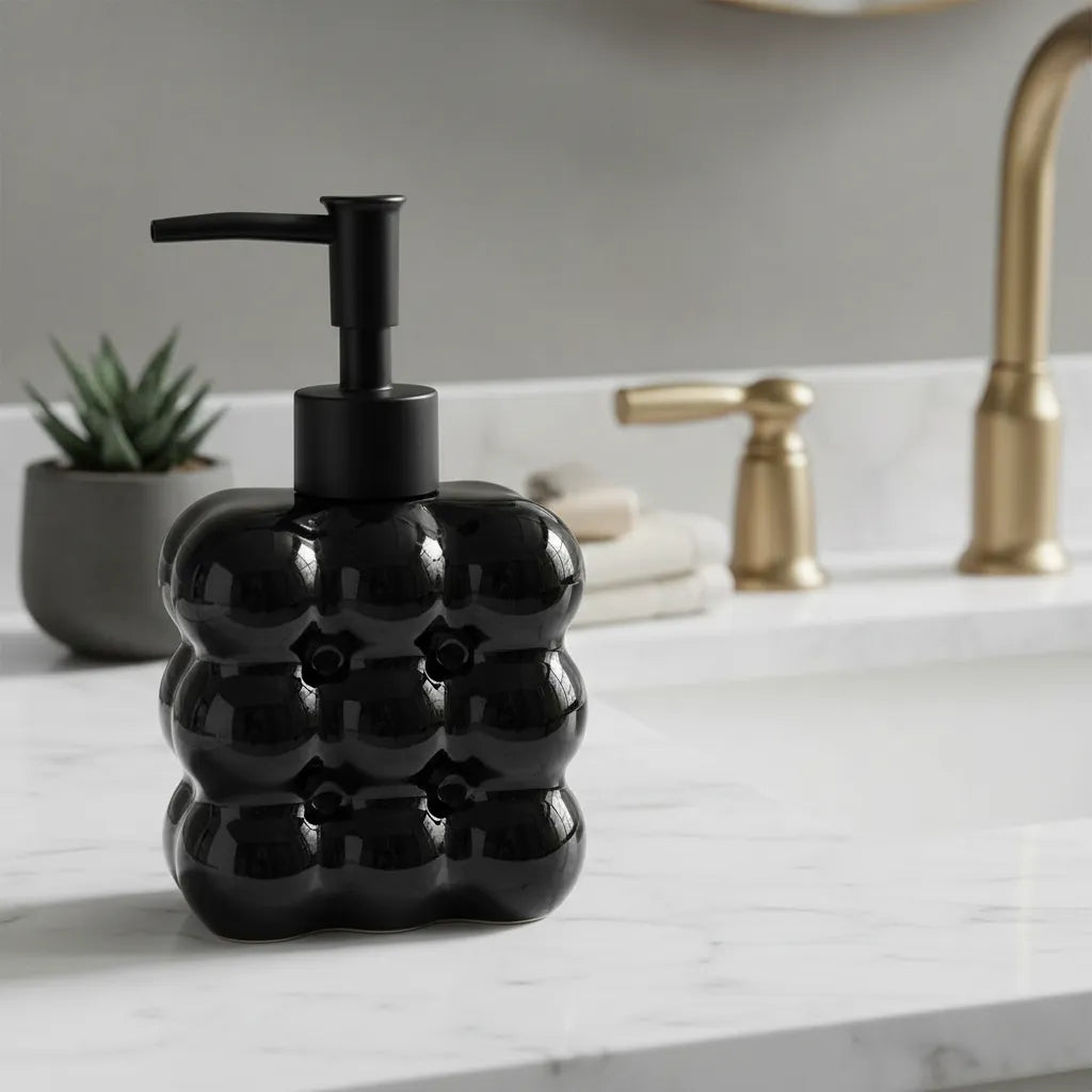 Dispenser de Vidro Preto Bolha com Bico Preto Fosco
