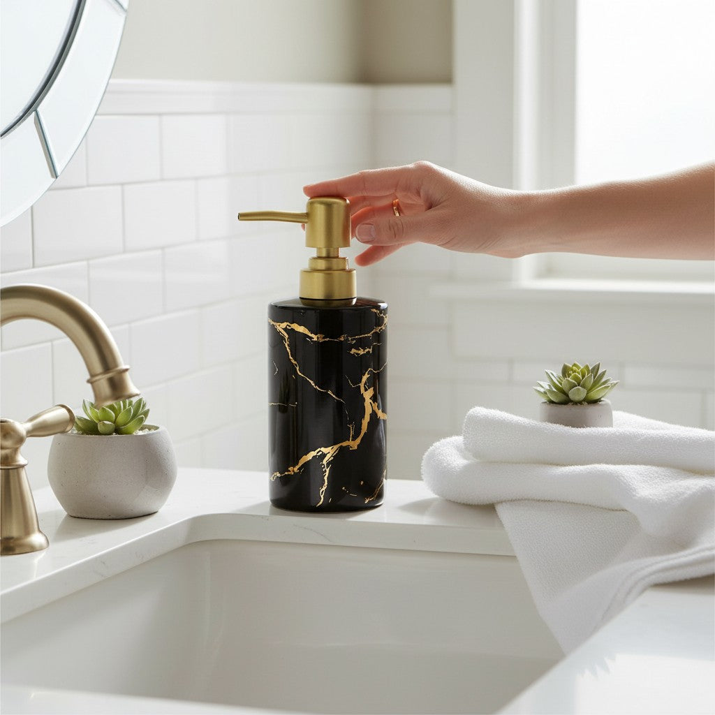 Dispenser de Sabonete Cerâmico Branco Marmorizado com Tampa Dourada