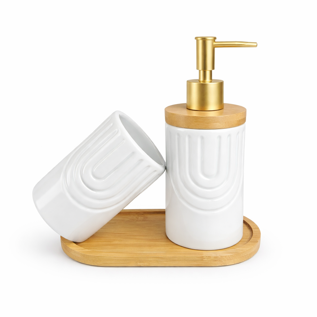 Conjunto de Banheiro Cerâmico Branco com Dourado e Bandeja de Bambu 2 Peças