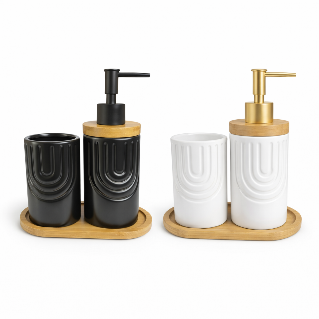 Conjunto de Banheiro Cerâmico Branco com Dourado e Bandeja de Bambu 2 Peças