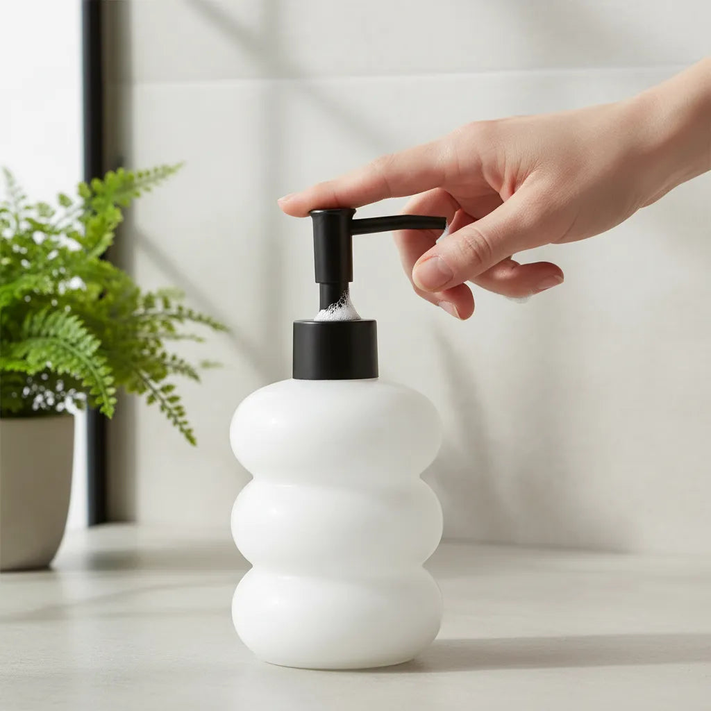 Dispenser de Vidro Branco Bolha com Bico Preto Fosco