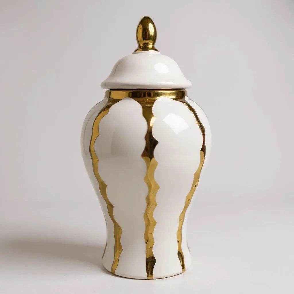 Pote Decorativo com Tampa e Detalhes Dourados Alidolado - Médio