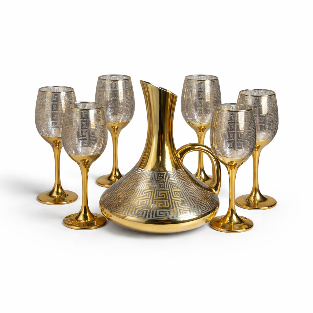 Conjunto de Jarra de Vidro 1,5L com Detalhes Dourados e Taça Decorativa