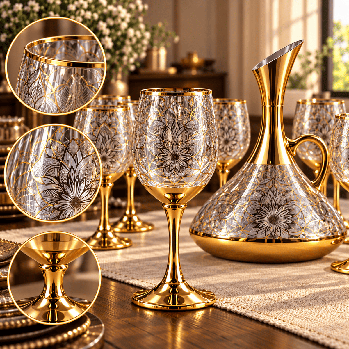 Conjunto Jarra Decanter de Vidro 1,5L Dourado com 6 Taças Decoradas Luxo Diversos Modelos