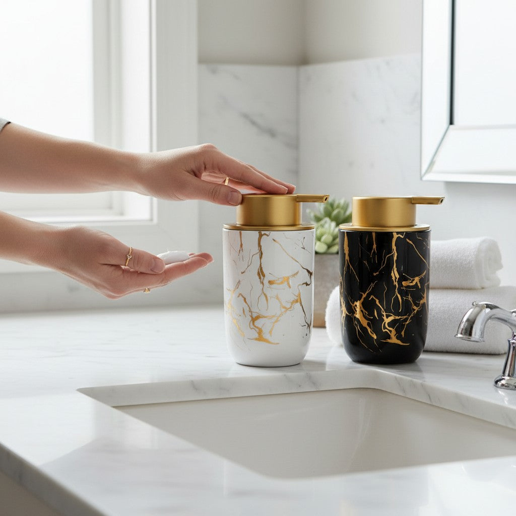 Dispenser de Sabonete Cerâmico Preto/Branco Marmorizado com Tampa Dourada