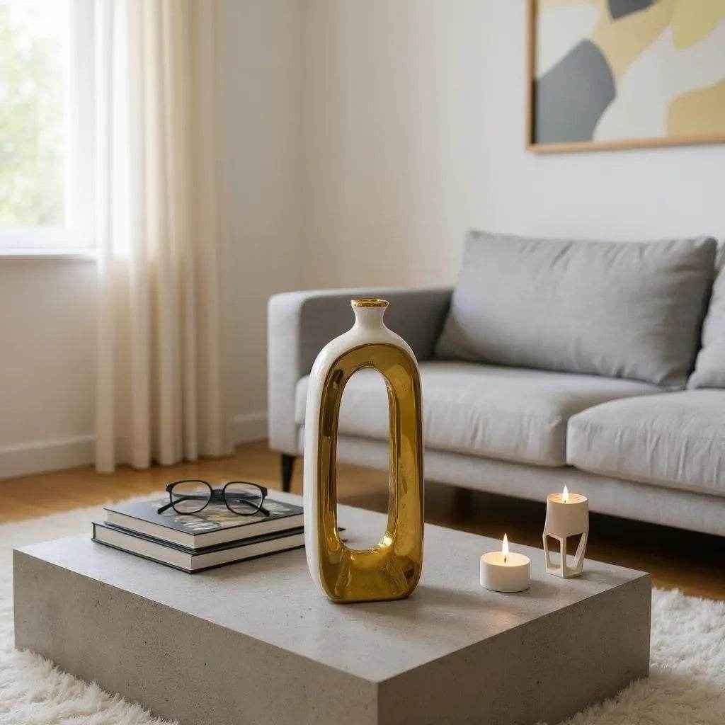 Vaso com Abertura Oval e Detalhes Dourados Alidolado