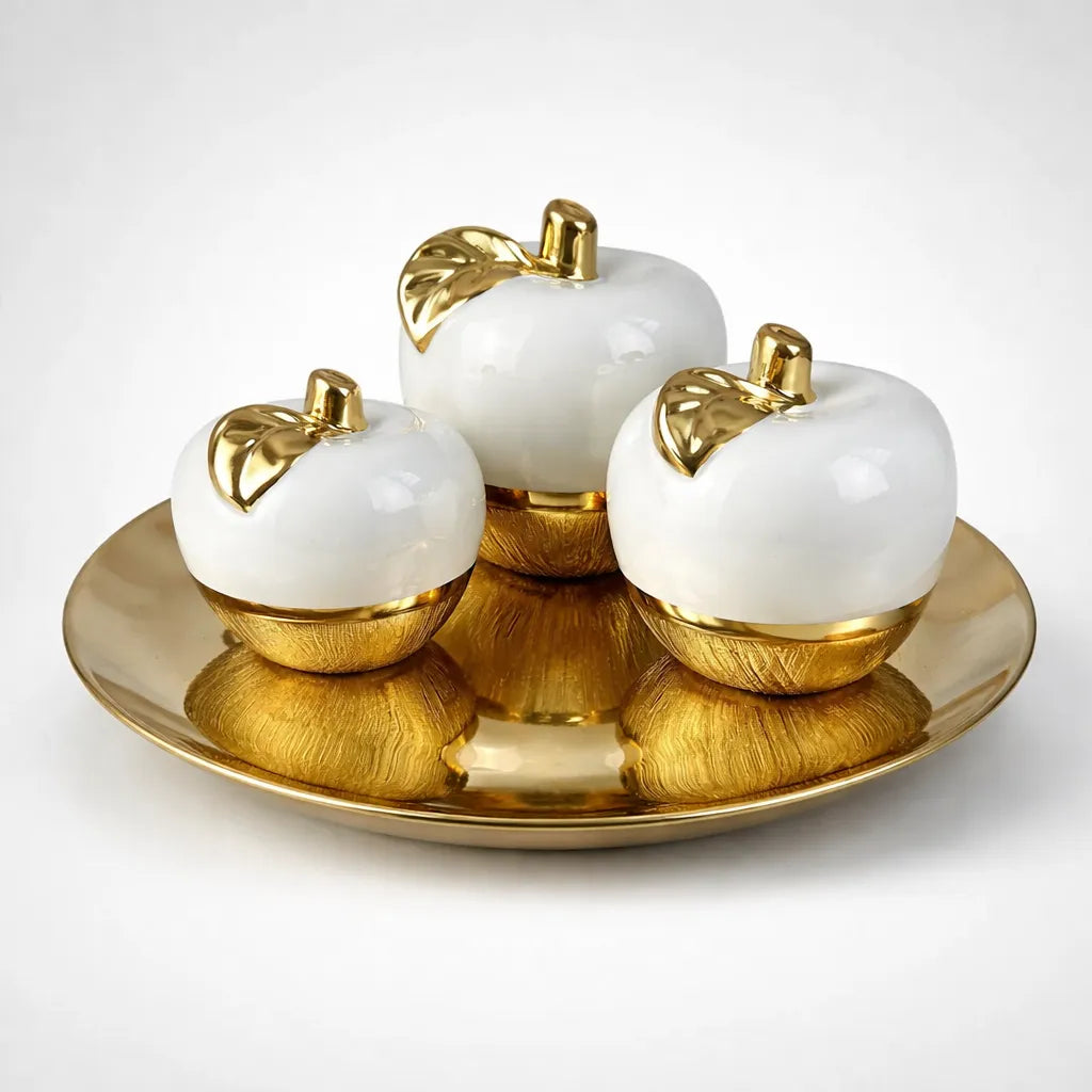 Conjunto de Esculturas Decorativas Frutas em Cerâmica com Detalhes em Dourado ou Prata para Casa