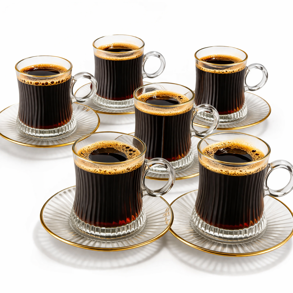 Xícara de Café com Pires Vidro Canelado Dourado 120ml 12 Peças - 8190B-6+6TG gold line