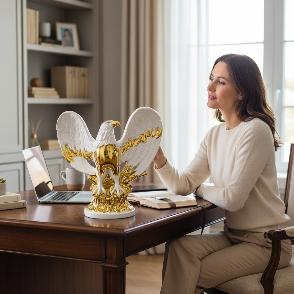 Escultura Decorativa Águia Majestosa em Cerâmica Branca com Detalhes Dourados