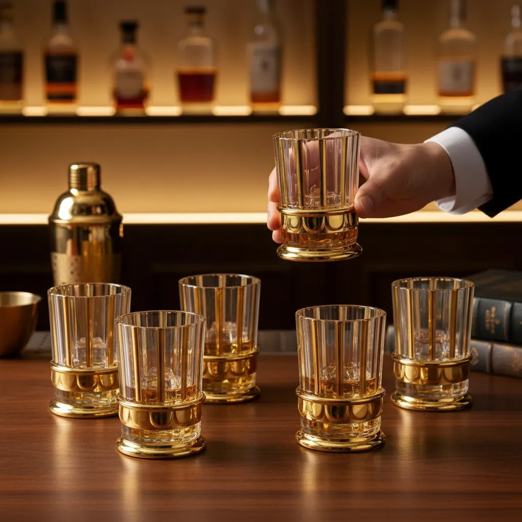 Conjunto 6 Copos Vidro Turco 150ml Dourado para Água Suco Café Elegante