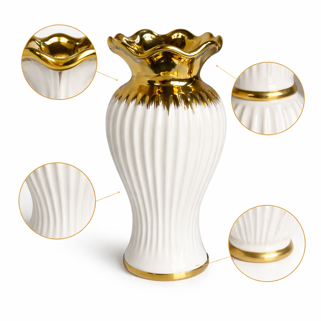 Vaso Decorativo em Cerâmica Branco com Detalhes Dourados