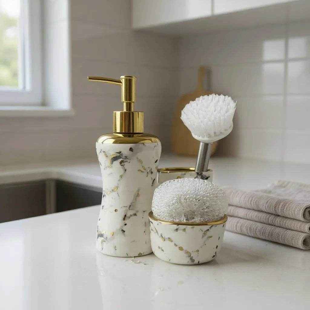 Jogo para Banheiro Cerâmica Branco com Dourado Alidolado - Alidolado